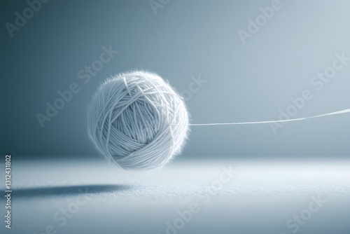 White Yarn Ball Unwinding Thread Under Soft Blue Lighting Studio