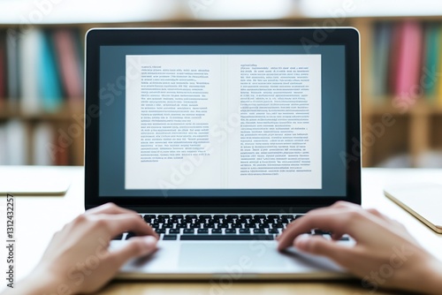 Person typing on laptop in library setting with hands and document visible