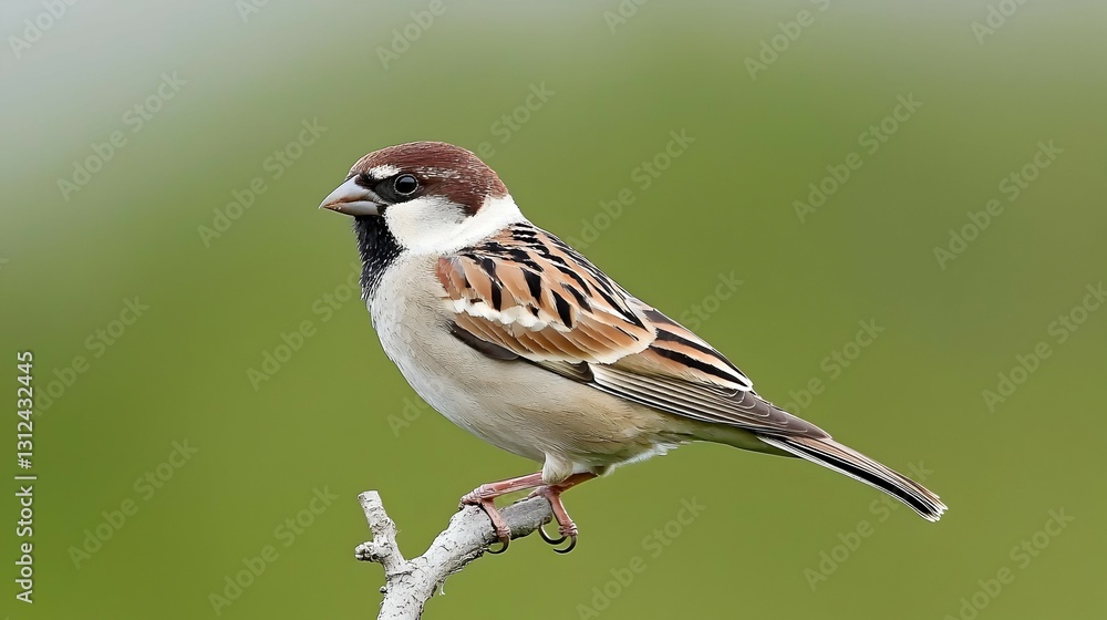 Fototapeta premium Brown and White Sparrow Perched on a Branch Against a Green Background