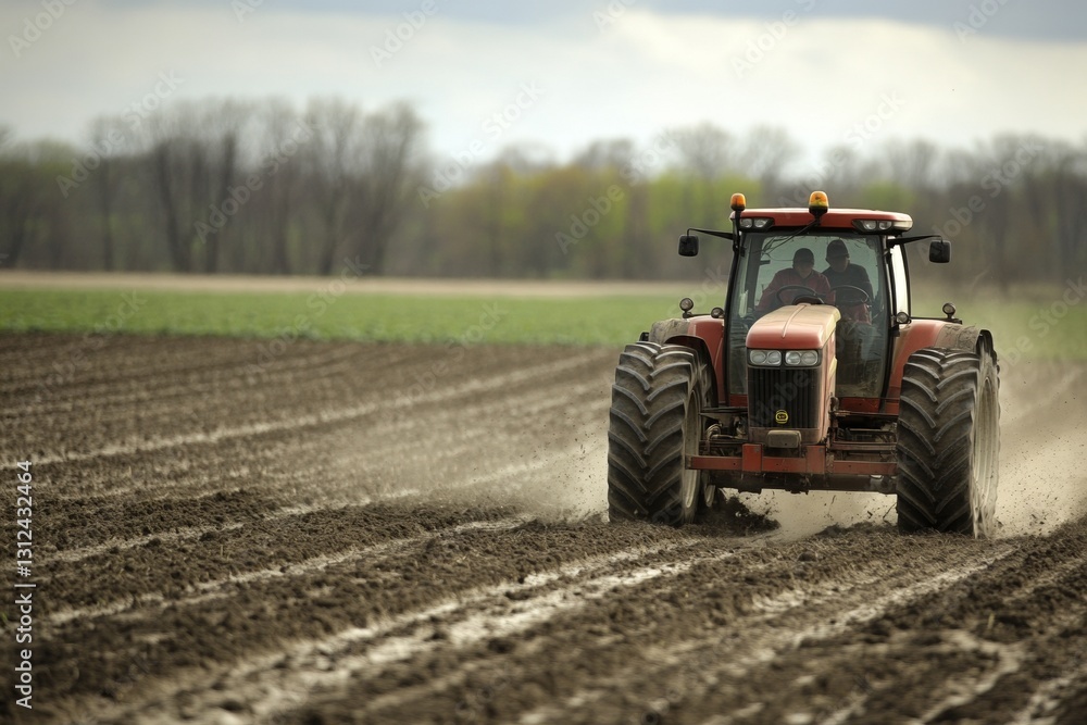 Obraz premium Rural farming: tractor cultivating vast field on overcast day