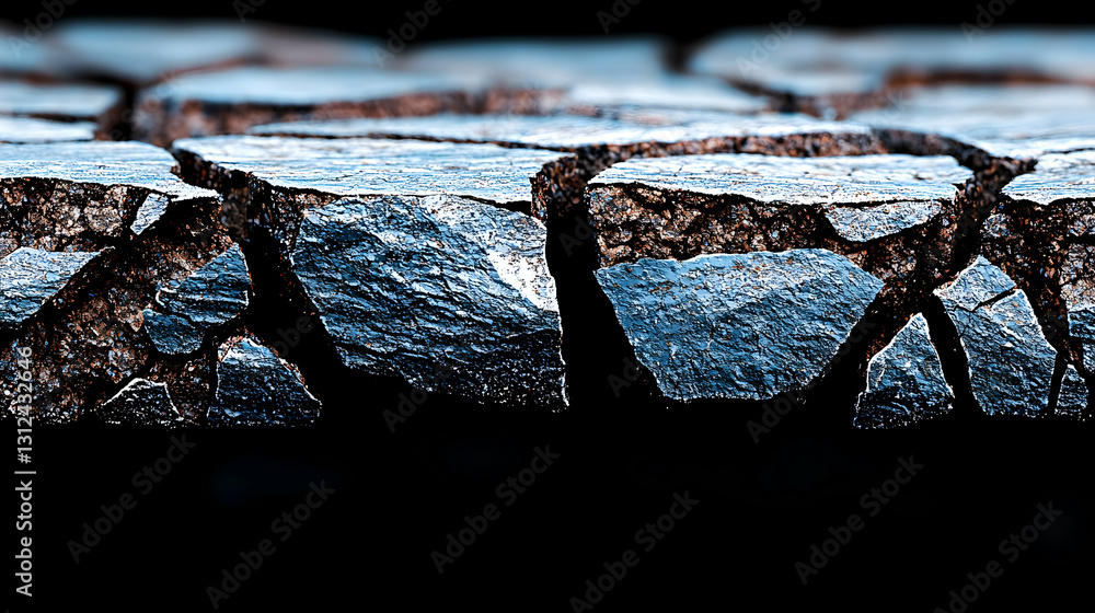 Close up of textured cracked stone surface blocks