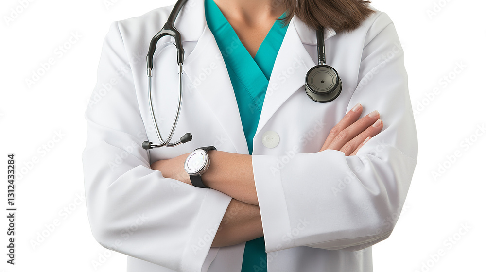 Professional doctor in a white coat, stethoscope around neck, calm and reassuring facial expression, clean medical branding, isolated on white background png Professional doctor in a white coat, stethoscope around neck, calm and reassuring facial expression, clean medical branding, isolated on white background png