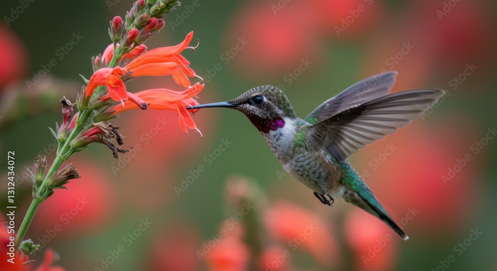 Fototapeta premium Hummingbird Drinking Nectar From Orange Flowers with Wings Spread Open