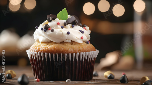 A decorated cupcake with frosting and sweet edible embellishments