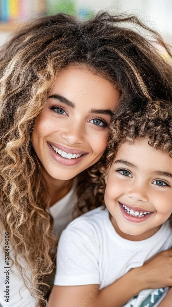Loving mother hugging cheerful daughter, both radiant with genuine smiles, sharing warm connection inside sunlit family living space Loving mother hugging cheerful daughter, both radiant with genuine smiles, sharing warm connection inside sunlit family living space