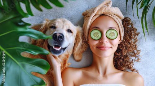 Woman relaxing with golden retriever, wearing cucumber eye mask during spa like skincare routine at home, representing self care and wellness lifestyle