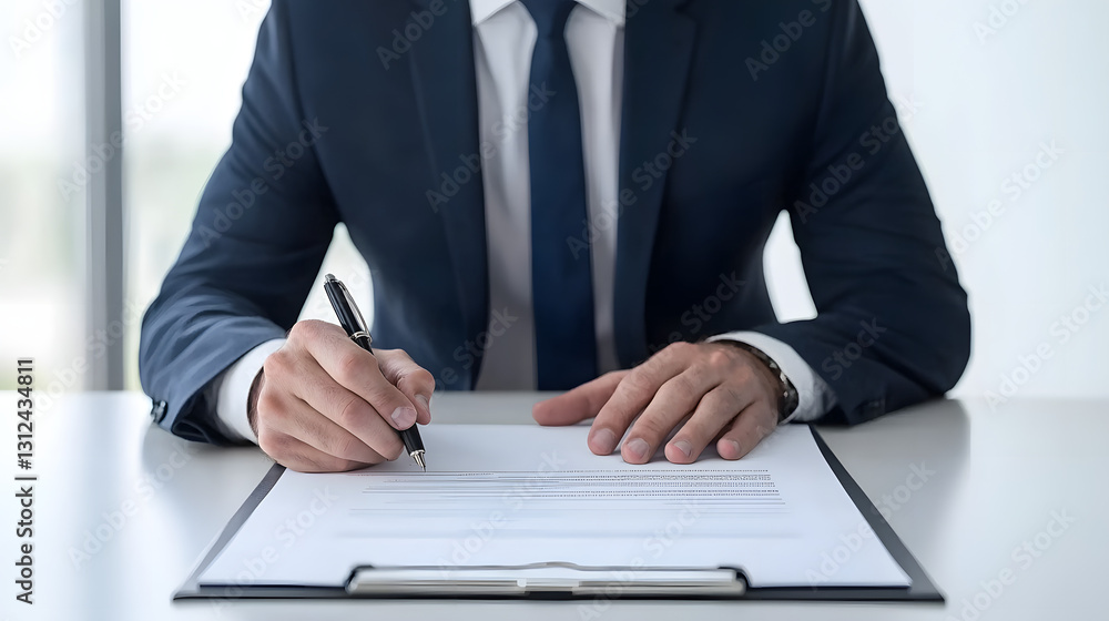Businessman signing a contract, making a deal, symbolizing corporate agreement, legal documentation, and professional business negotiations.
Businessman signing a contract, making a deal, symbolizing corporate agreement, legal documentation, and professional business negotiations.