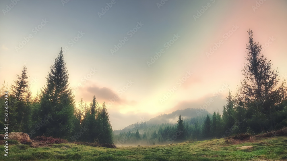 A serene early morning landscape featuring lush green trees and fog