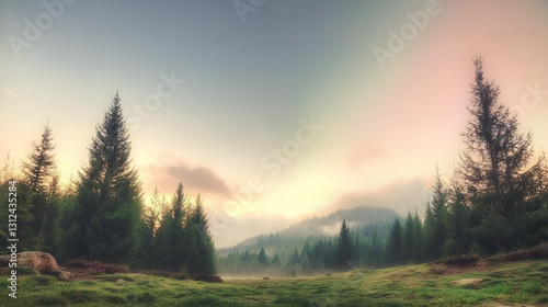A serene early morning landscape featuring lush green trees and fog