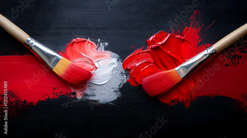 Obraz na płótnie Two paintbrushes creating art using red white and gray colors w salonie