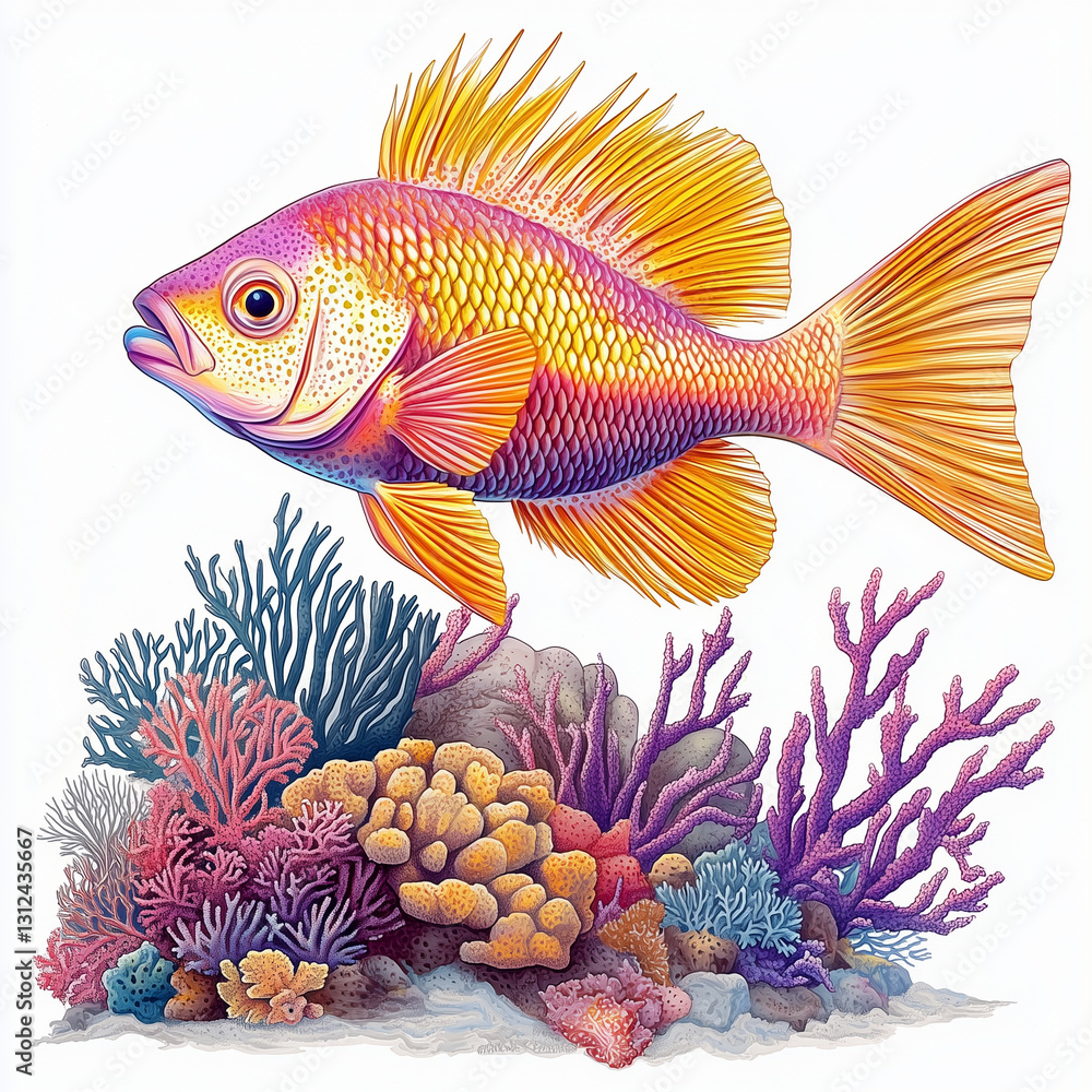 Fototapeta premium clipart, A detailed illustration of a tropical Anthias Basslet, swimming through coral, white background
