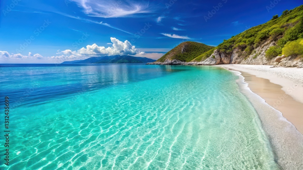 Fototapeta premium A serene beach with fine white sand and crystal clear turquoise waters stretching towards a picturesque Albanian landscape , turquoise sea, natural wonder