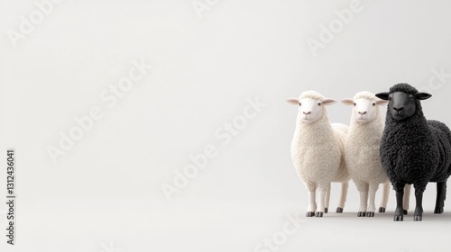 group of white sheep in business attire following a chart, while a black sheep walks the opposite direction. ai generated