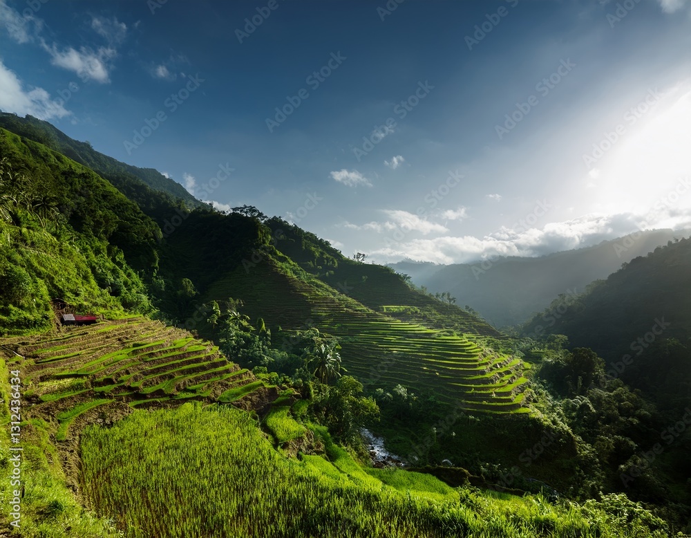Obraz premium Philippines rice terraces cascading down mountain slope in golden morning light