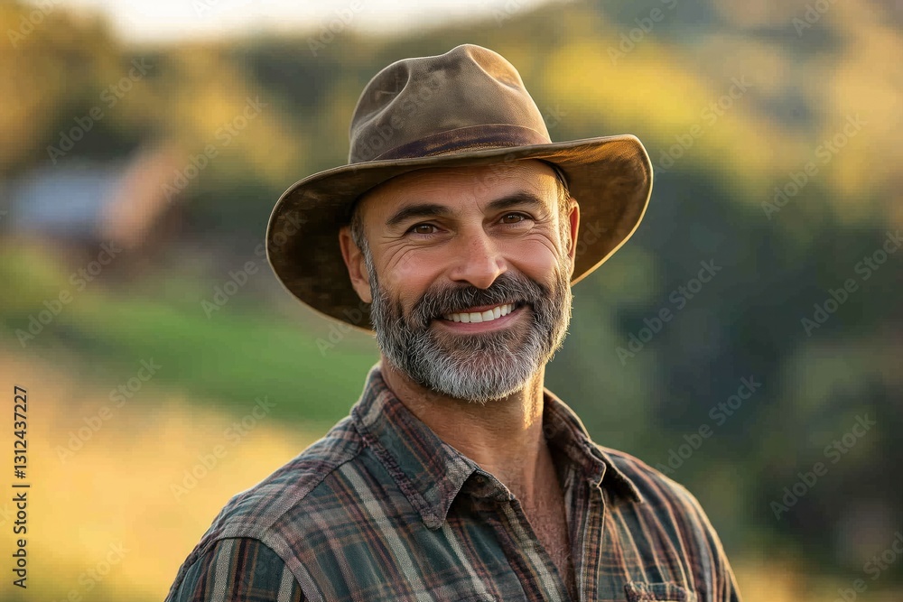 Portrait of a smiling farmer wearing a hat in a field Portrait of a smiling farmer wearing a hat in a field