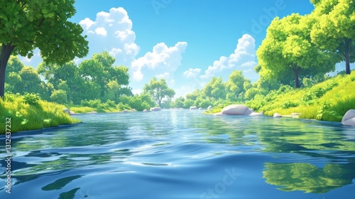 A serene landscape of water trees and a beautiful blue sky