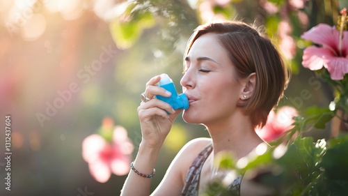 Wallpaper Mural Woman Using an Inhaler for Asthma Relief in Nature.. Torontodigital.ca