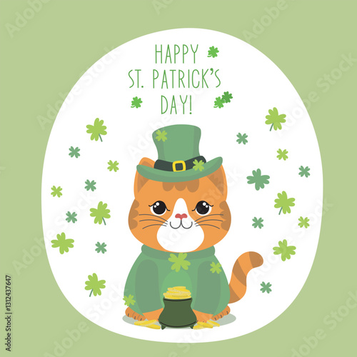 Happy St. Patrick’s Day cat vector illustration. Cute kitty in a green hat with a festive Irish theme.