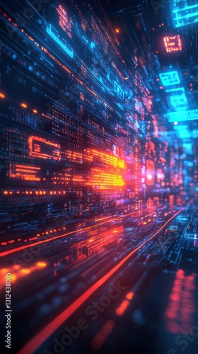 Dynamic visualization of data flow through a futuristic digital landscape in vibrant colors