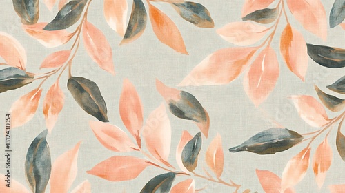Watercolor leaves pattern on textured background. Peach and grey tones