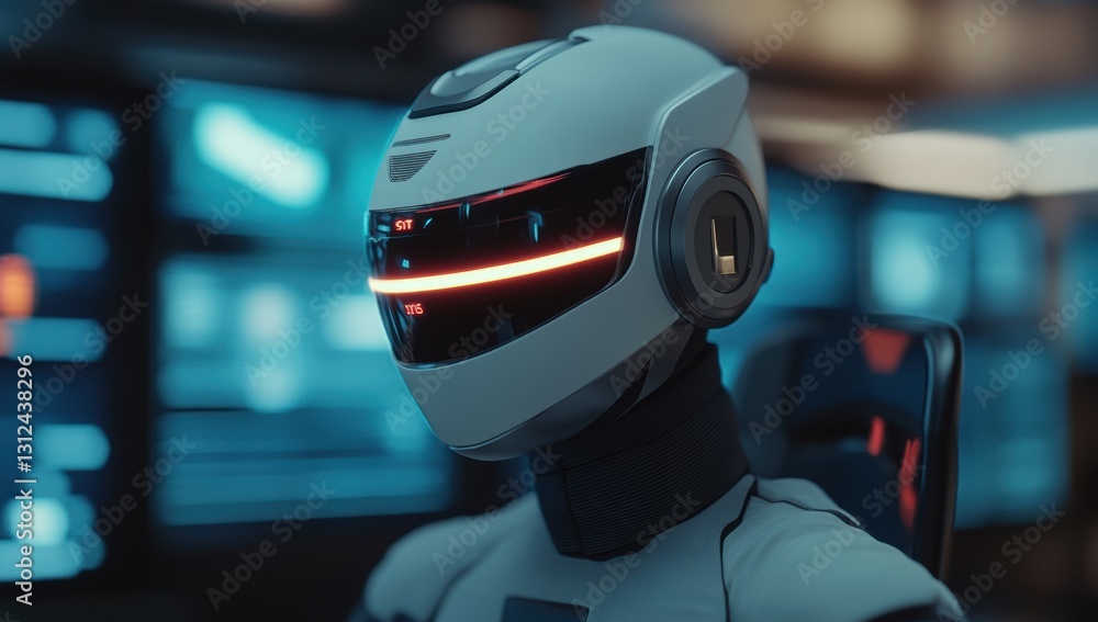 Fototapeta premium Futuristic humanoid robot with high tech helmet and glowing visor in a sci fi control room representing artificial intelligence technology and cybernetics
