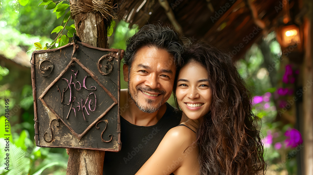 Smiling couple poses next to a wooden sign in a garden setting