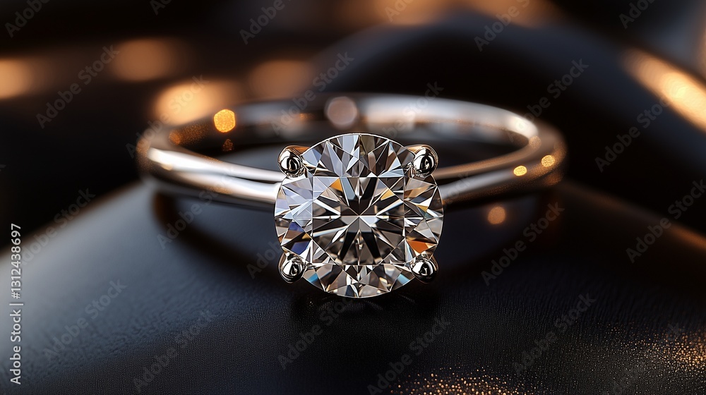 **A high-end jewelry showcase featuring a flawless round diamond ring, carefully placed on black satin with soft golden reflections. **A high-end jewelry showcase featuring a flawless round diamond ring, carefully placed on black satin with soft golden reflections.
