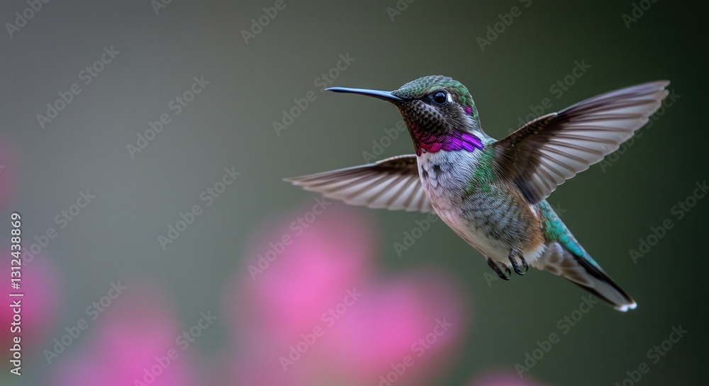 Fototapeta premium Hummingbird Hovering with Spread Wings Amidst Blurred Pink Flowers Nature