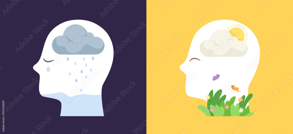 Set of mental health illustration. Concept of mental well-being, depression, healthy mental, sadness, happiness. Abstract mental status symbol. Flat vector illustration. Set of mental health illustration. Concept of mental well-being, depression, healthy mental, sadness, happiness. Abstract mental status symbol. Flat vector illustration.