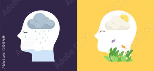 Set of mental health illustration. Concept of mental well-being, depression, healthy mental, sadness, happiness. Abstract mental status symbol. Flat vector illustration.