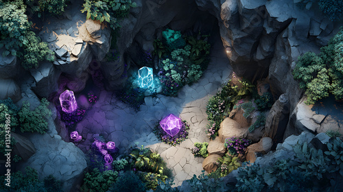 Enchanting Crystal Cave Mystical Gems and Lush Foliage
