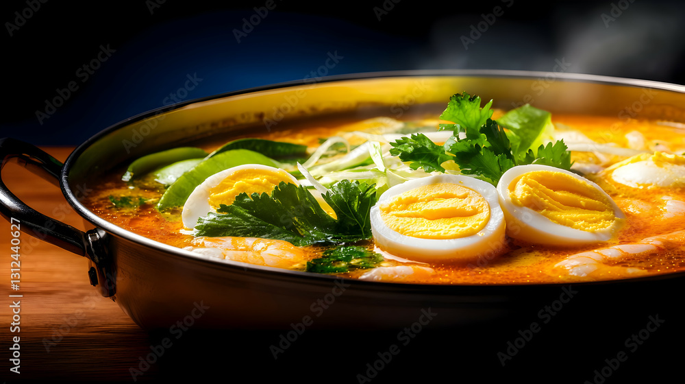A delicious bowl of soup with boiled eggs and herbs