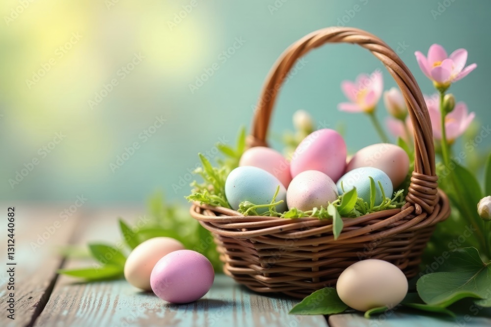 Pastel eggs in a basket, spring flowers nearby, decoration, christianity, Easter Pastel eggs in a basket, spring flowers nearby, decoration, christianity, Easter