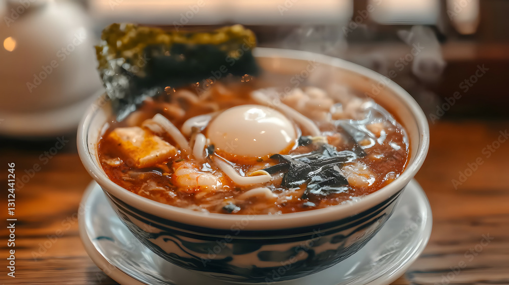 A delicious and warm bowl of flavorful ramen noodles is shown