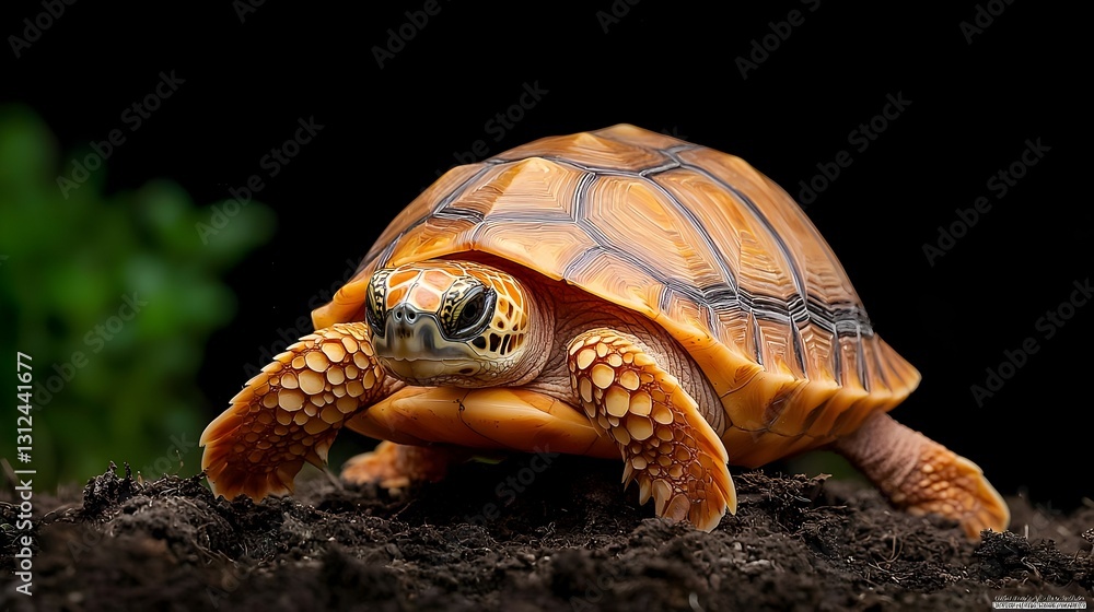 Close-Up of a Small Brown and Orange Turtle Crawling on Dark Soil Close-Up of a Small Brown and Orange Turtle Crawling on Dark Soil