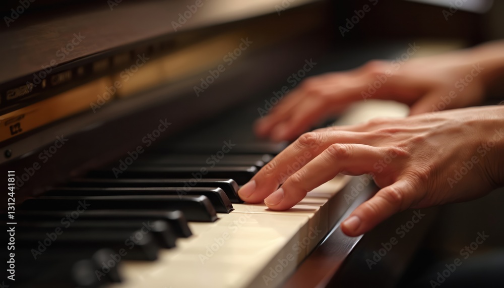 Close-up of hands playing piano keys. Fingers press keys. Pianist performs solo concert, creates melody. Instrument provides musical background, creative musical expression, leisure activity, hobby. Close-up of hands playing piano keys. Fingers press keys. Pianist performs solo concert, creates melody. Instrument provides musical background, creative musical expression, leisure activity, hobby.