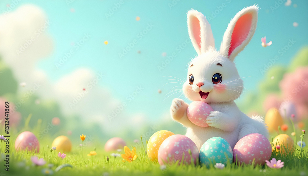 Fototapeta premium illustration of white easter bunny with eggs on easter holiday