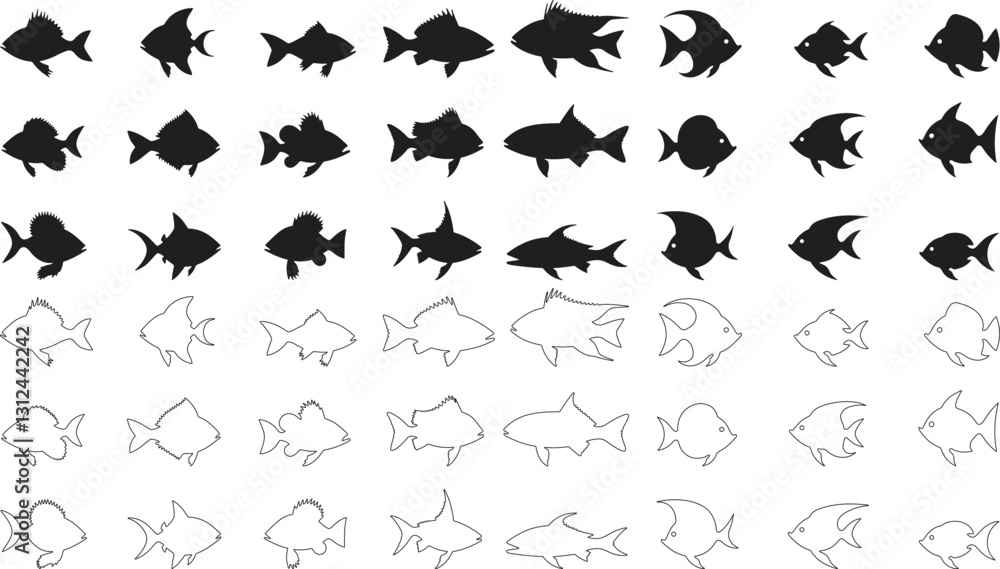 Naklejka premium Set of black and white silhouette design Fish icon vector illustration with white background