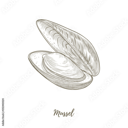 Vector mussel shell line art illustration, graphic line mollusk. mussel sea food. Engraving. Ingredient. Great for menu designs, Ideal for menus, food branding, packaging and summer designs