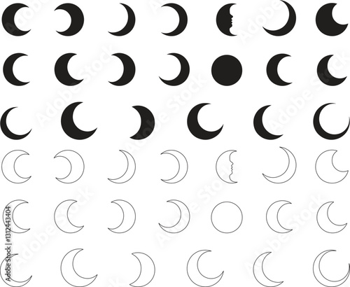 Set of black and white silhouette design moon phase icon vector illustration with white background