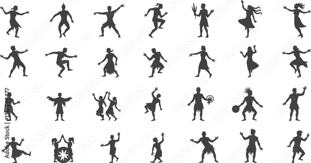 Naklejka premium Set of black and white silhouette design traditional tribal dance vector illustration with white background