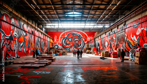 Street art in warehouse, wall art, red white and black
