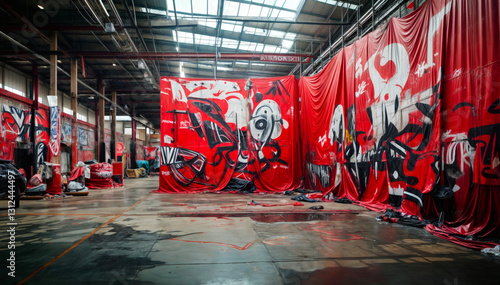 Street art in warehouse, wall art, red white and black