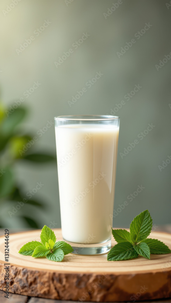 A glass of milk topped with a frothy layer on a wooden surface. A glass of milk topped with a frothy layer on a wooden surface.
