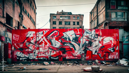 Street art in warehouse, wall art, red white and black
