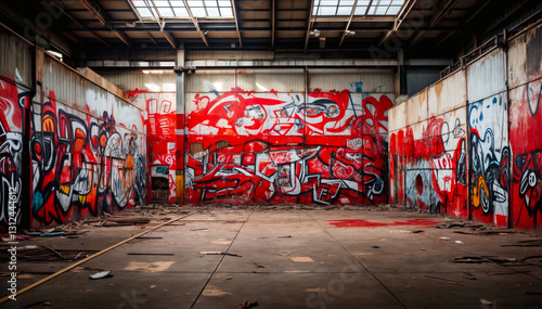Street art in warehouse, wall art, red white and black