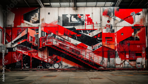 Street art in warehouse, wall art, red white and black