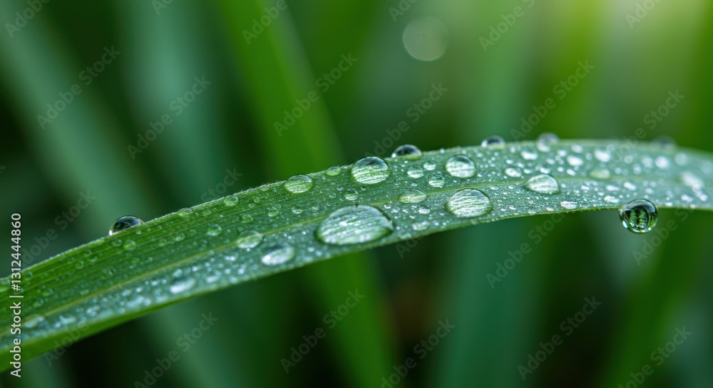 Water Droplets on Green Leaf Blade Reflecting Surroundings in Nature Water Droplets on Green Leaf Blade Reflecting Surroundings in Nature