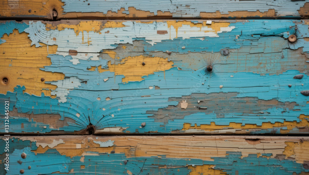 Close-up view of weathered wood planks with vibrant blue and yellow paint, showcasing rustic charm and texture. Close-up view of weathered wood planks with vibrant blue and yellow paint, showcasing rustic charm and texture.