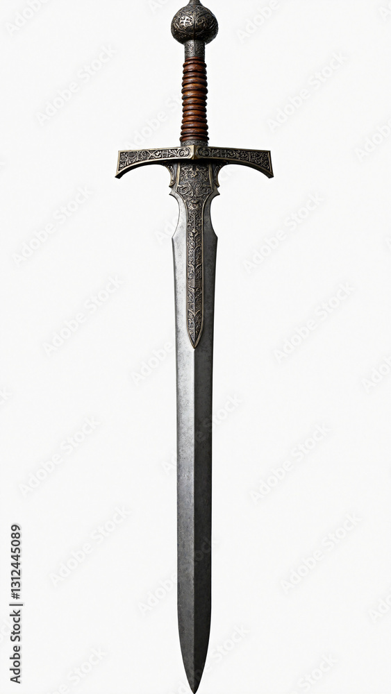 Intricately Designed Medieval Sword Isolated on White Background for Historical Articles, Fantasy Literature, and Educational Materials Intricately Designed Medieval Sword Isolated on White Background for Historical Articles, Fantasy Literature, and Educational Materials
